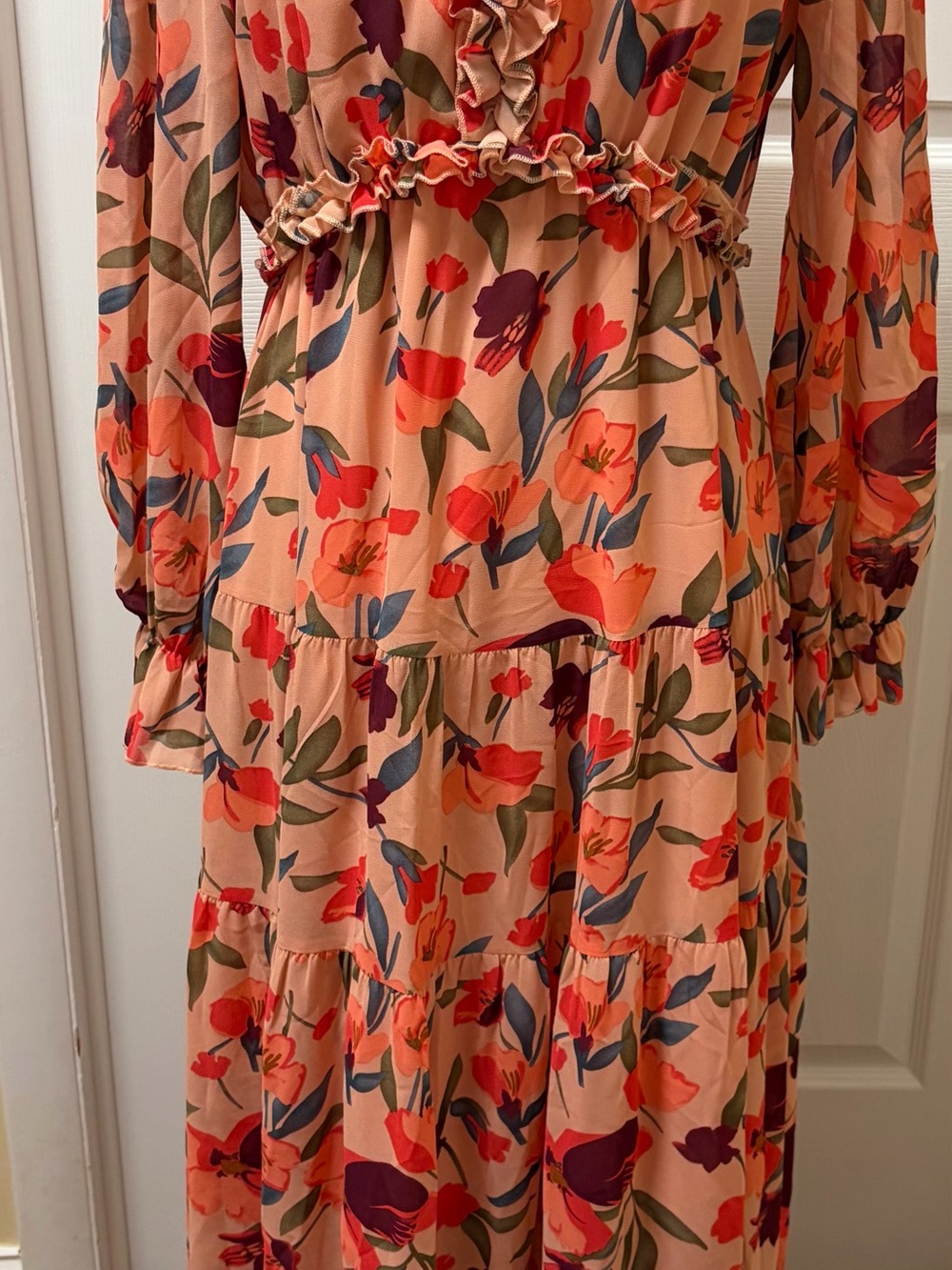 Peach Floral Tiered Maxi Dress with Ruffle Detail
